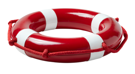  a Red life buoy with white stripes on the top and bottom, isolated in front of a Transparent background PNG