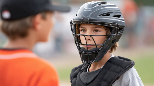 Young baseball umpire in protective gear during youth game