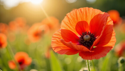 Single red poppy flower blooming in sunlight amidst green field