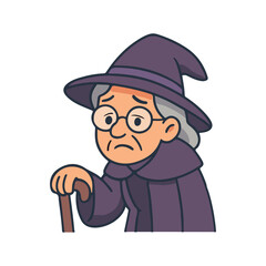 Sad old witch with cane and purple cloak. Elderly woman wizard looking tired. Lonely old sorceress wearing hat and glasses.