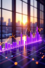 Neon purple bar and line financial chart displaying market data against a blurred office window background with a sunset city skyline