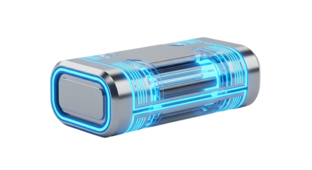 Futuristic cylindrical device with glowing blue energy core automotive and transportation accessory concept