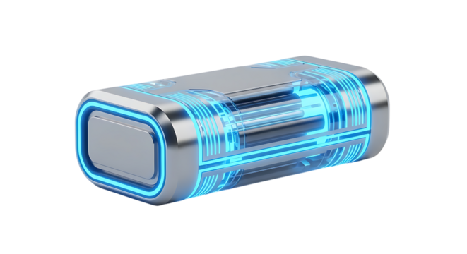 Futuristic cylindrical device with glowing blue energy core automotive and transportation accessory concept