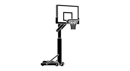 Black and white silhouette of a portable basketball hoop with a wheeled base, isolated on a white background.