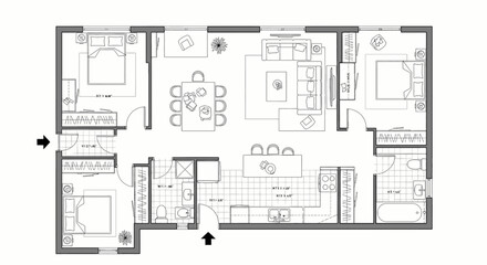 Architectural floor plan of a modern residential apartment with multiple rooms.