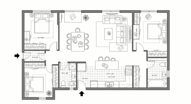 Architectural floor plan of a modern residential apartment with multiple rooms.