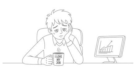 A tired and unmotivated office worker sits at a desk with a mug that says 