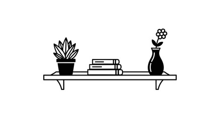 A minimalist black and white illustration of a shelf holding a potted plant, books, and a vase with a flower.