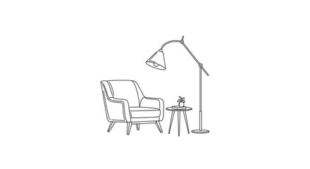 A minimalist line drawing depicts a comfortable armchair next to a small side table with a lamp arching over it.