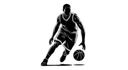 Dynamic silhouette of a basketball player dribbling the ball, captured in a striking black and white graphic style.