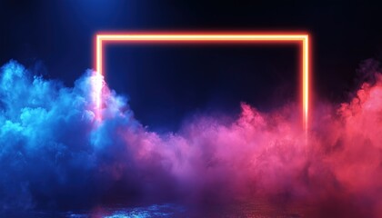 Glowing Retro Neon Signboard For Night Club With Electric Techno Frame And Firework Effect On Dark Blue Background - Nostalgic 80s Vibes.