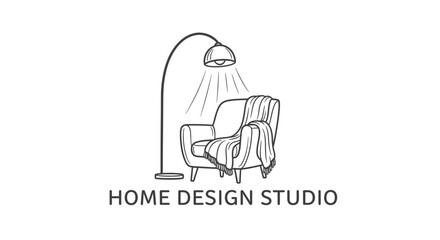 Line art illustration of a cozy armchair with a blanket and a floor lamp, representing a home design studio logo.