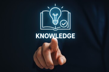 A hand touches the word knowledge, symbolizing learning and ideas, with book and light bulb icons.