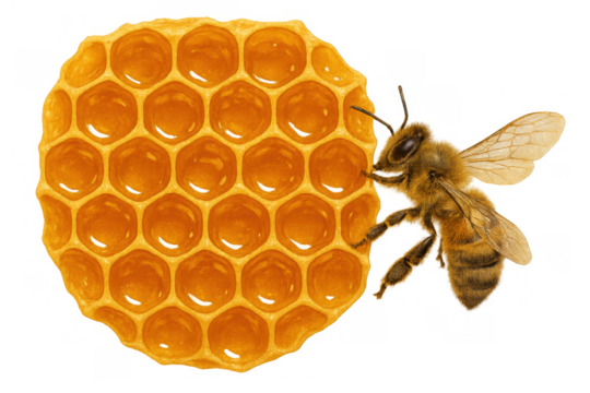 Honey bee near honeycomb filling hexagonal cells with golden sweet product, transparent background