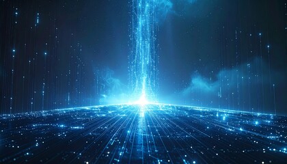 A rising column of glowing data and neural nodes ascending into light, representing transcendence of digital mind, minimalist yet emotional composition.