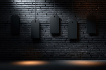 Dark wall with hanging black tags creating a minimalistic and modern art display in a dimly lit space during evening hours
