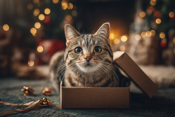 Curious tabby cat explores festive cardboard box near warm holiday lights and decorations