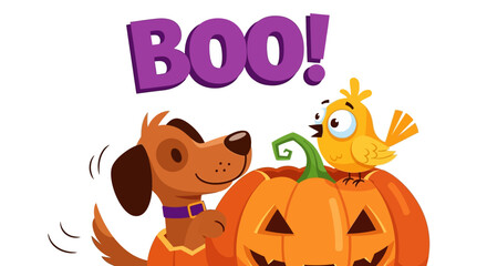 Fototapeta premium Whimsical Halloween illustration with cartoon dog bird and festive pumpkin ready for holiday season