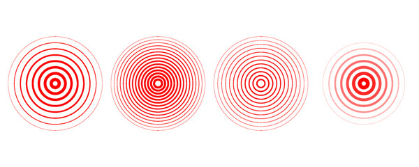 Red concentric ripple circles set. Sonar or sound wave rings collection. Epicentre, target, radar icon concept. Radial signal or vibration elements. Halftone vector illustration