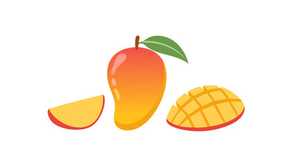 Bright mango fruit with leaf and sliced half ideal for tropical food design and summer feeling.