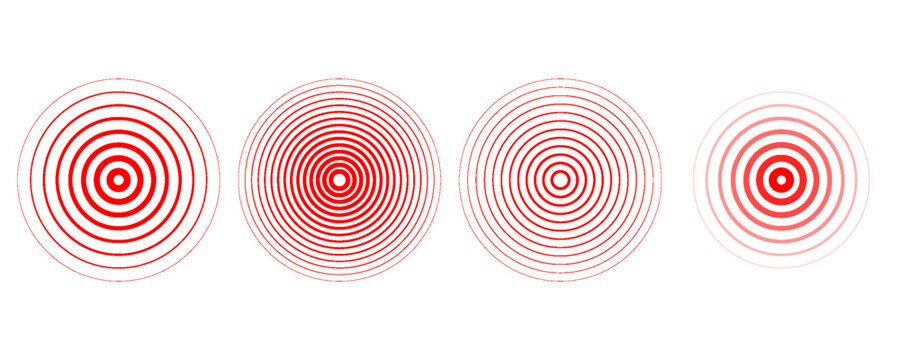 Red concentric ripple circles set. Sonar or sound wave rings collection. Epicentre, target, radar icon concept. Radial signal or vibration elements. Halftone vector illustration
