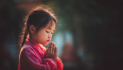 Young Asian Girl Engaged In Morning Prayer, Hands Folded In Reverence For Faith, Spirituality, And Religion. Morning Prayer Ritual.