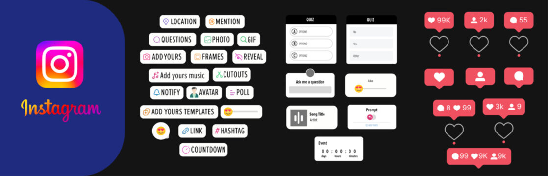Instagram Story interface badge. Stories tool sticker. notification icons, Blogging set. Location, mention, avatar, poll, countdown, link, quiz hashtag, music icons. Vector illustration.
