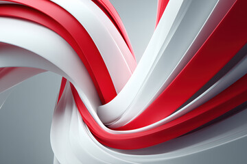 Swirling red and white ribbons create a dynamic abstract design in a modern art style
