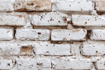 Textured white brick wall with peeling paint and weathered appearance in a rustic setting
