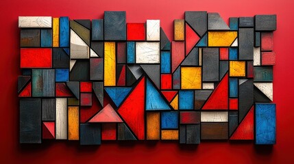 Geometric abstract wall art with colorful wooden shapes and bold red background modern design