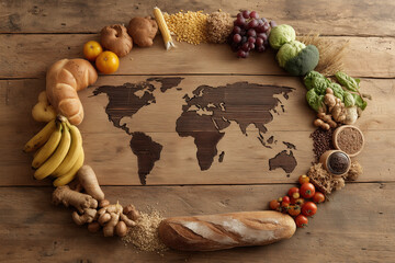 Colorful arrangement of fruits, vegetables, and grains around a wooden world map