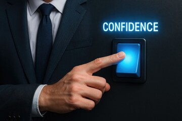 Man pressing glowing button labeled confidence, business executive, success, decision, activation, achievement