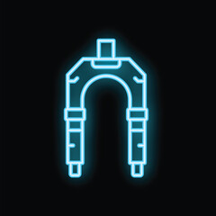 Bright blue neon bicycle fork glowing on black background, concept of cycling and bike repair service