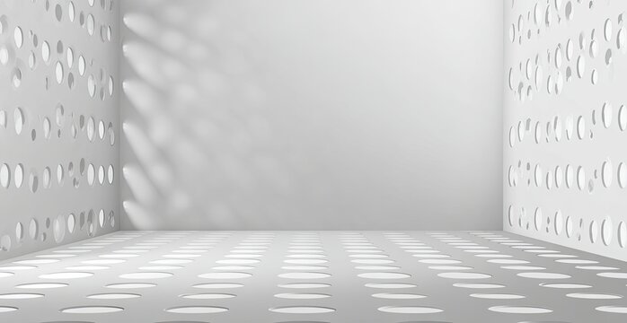 Modern, white, minimalist interior with circular perforations, angled shadows