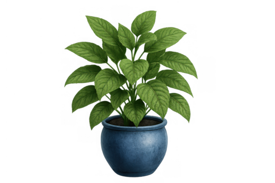 Round blue container holds a potted plant with vibrant green leaves, set against a clear background