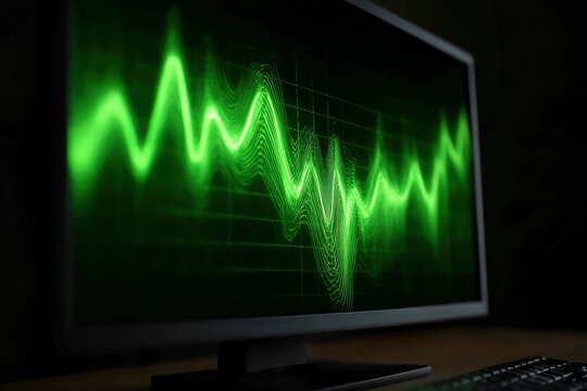 A computer monitor displays a bright green waveform against a dark screen illuminated in a darkened room