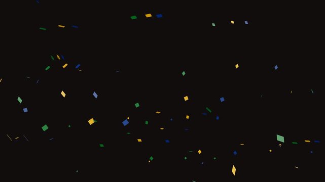 Confetti animation features blue, gold, red, and green square confetti cascading joyfully against a black backdrop. Perfect for celebrations and parties.