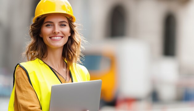 Happy Woman In Yellow Vest And Hard Hat Holds Laptop, Smiling And Radiating Joy.