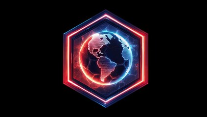 A digital earth globe within a hexagon, outlined in glowing red and blue, set against a dark background