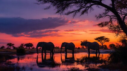 African Sunset with Elephants: The silhouettes of majestic elephants grace the edge of a serene watering hole at sunset, set against a stunning sky, a perfect tableau of Africa's natural beauty.