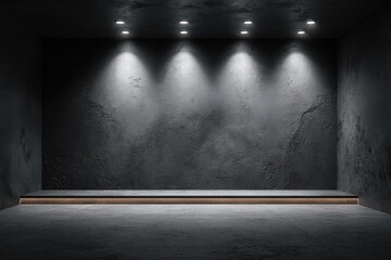 Dark, empty, rectangular room with a recessed stage lit by overhead spotlights. Concrete textures