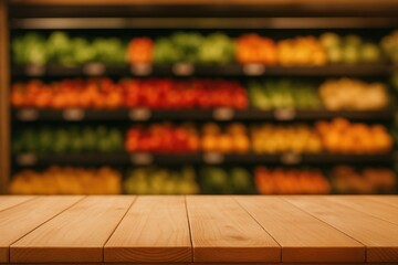 Wooden surface in front of blurry produce shelves at a grocery store