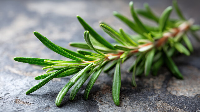 Fresh rosemary herb sprig with vibrant green leaves on rustic stone background, evoking sense of natural beauty and culinary delight