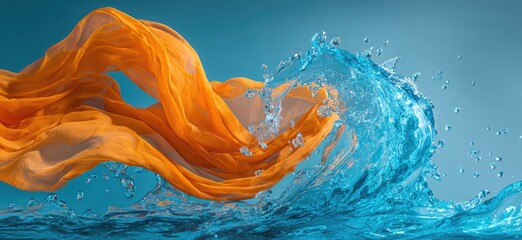 Vivid image of orange fabric billowing through a cresting wave, set against a teal gradient background