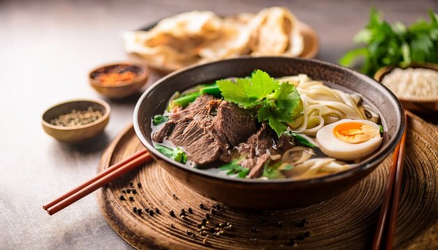 aromatic beef noodle soup featuring fresh herbs and a variety of spices for a delightful culinary experience