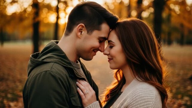 A romantic couple embracing in a park during golden hour sunset