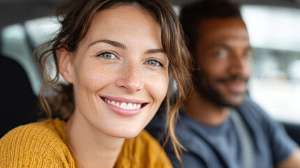 Young interracial couple on a journey to their destination in a car