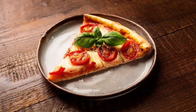 indulge in a delicious slice of pizza topped with fresh juicy tomatoes and aromatic basil on a rustic table