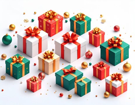 A festive collection of colorful gift boxes with ribbons.