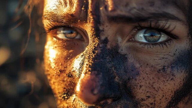 A close-up shot of a person's face covered in mud, ideal for use in editorial or advertising contexts